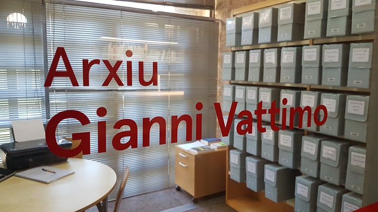 Reading room of the Arxiu Gianni Vattimo, with boxes of archival papers